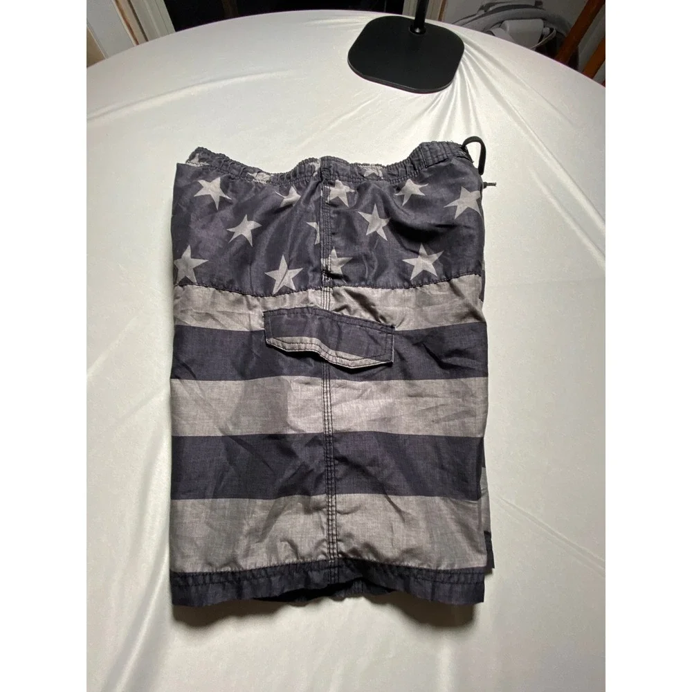 Kanu Surf Mens American Flag Swim Trunks Gray Black Stars Stripes Large 14/16